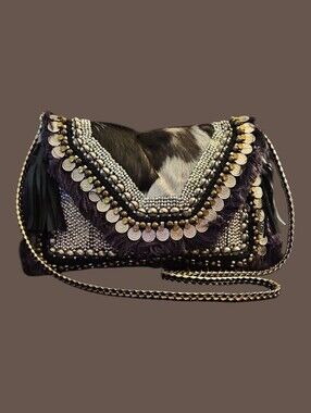 ANTHROPOLOGIE IBBAN Ethnic Boho Cow Coin Beaded Crossbody Envelope Festival Bag